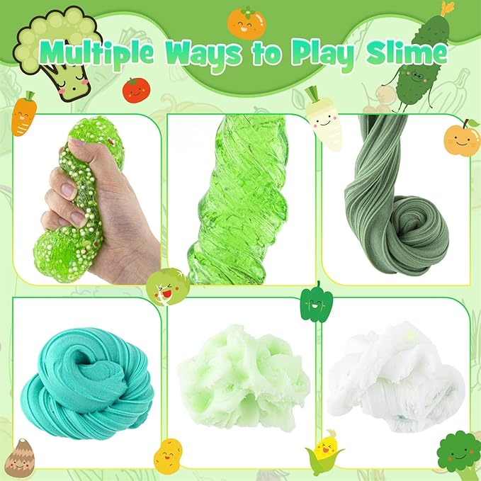 6 Packs Gradient Green Slime Kit - Cloud Butter Clear Slime, Crunchy Slimes for Kids with Various Slime Add-ins, Non Sticky Slimes Party Favors for Girls and Boys