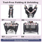 BABY JOY 5 in 1 Pink Pack and Play, Portable Baby Playard with Bassinet & Changing Table, Infant Pink Bassinet Nursery Center w/Toys & Music & Oxford Bag for Baby Girl Toddlers (Rose, Dot Circle)