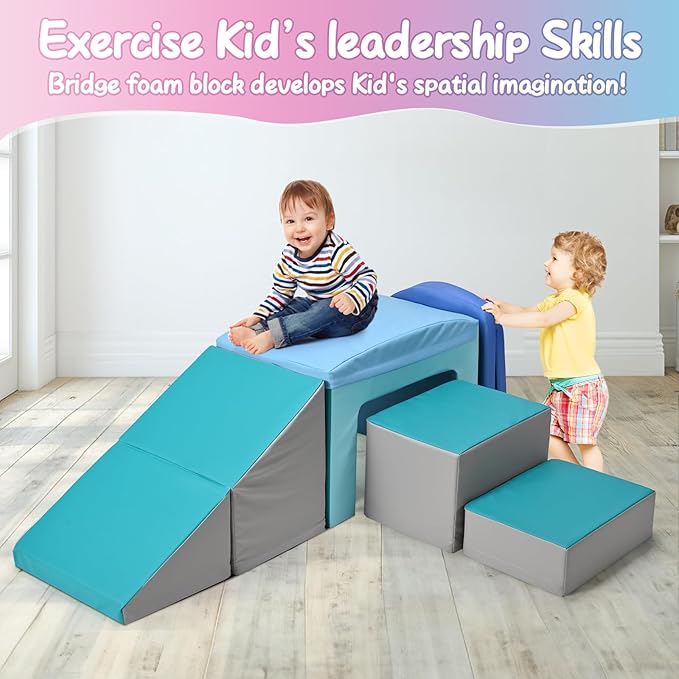 SURPCOS Foam Climbing Blocks for Toddlers - Soft Play Set for Toddlers 1-3 - Climbing Toys - Baby Climbing Gym Foam - with Slide Stairs and Tunnel - Great for All Ages (6 Pc Blue Soft Play Area Set)