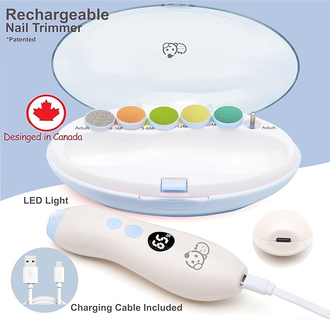 Rechargeable 22 in 1 Baby Nail Trimmer, Usage Labeled Case, 13 Extra Replacement Tools, Royal Angels Electric Nail File with LCD display, Newborn Toddler Nail Care Clipper Kit (Rechargeable,WhiteBlue)