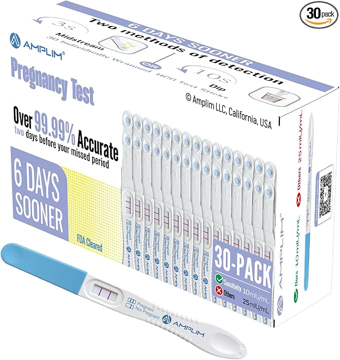 Amplim Early Result Pregnancy Test Sticks | 6 Days Early Detection Pregnancy Tests at Home, 99.99% Accurate, Ultra Sensitive 10 MIU/ml, | Fertility HCG Midstream/Dip Rapid Test (30-Pack)