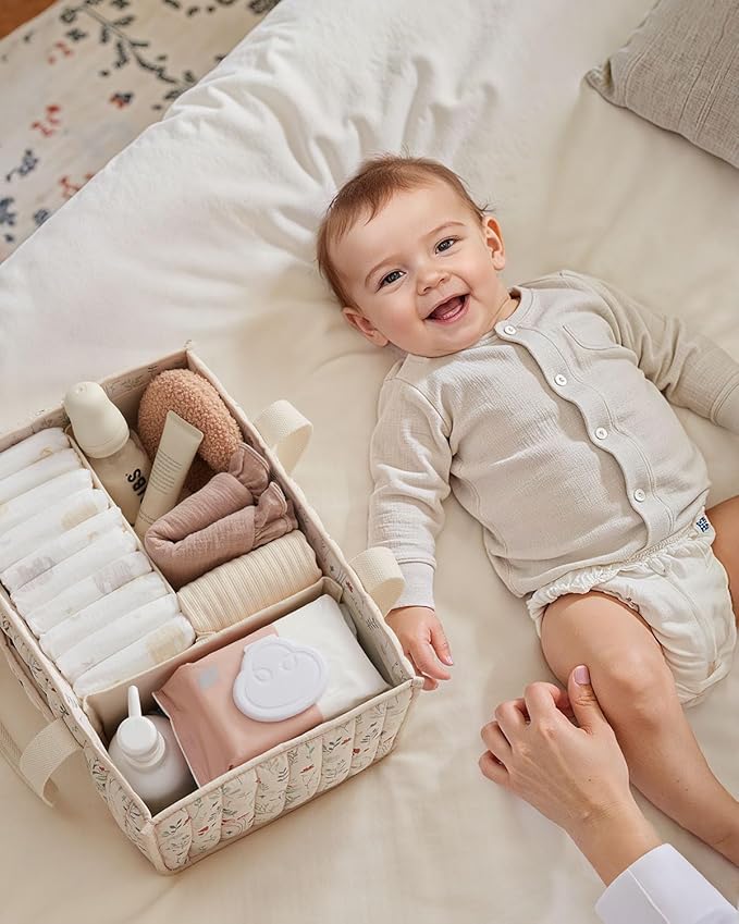 Blissful Diary Floral Diaper Caddy Organizer, Stylish Nursery Storage Basket, Gift for Baby Shower, Newborn Essentials, Floral Beige
