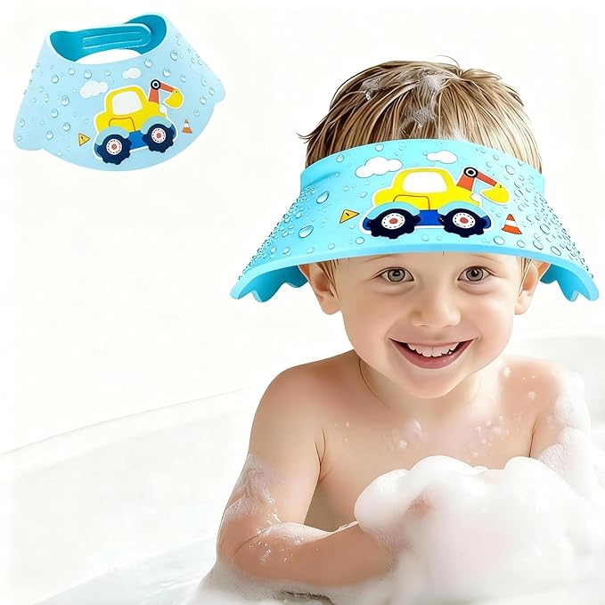 Baby Shower Cap Shield - Adjustable Waterproof Shower Visor for Kids, Soft Baby Hair Washing Shield with Ear Protection, Perfect for Toddlers & Children (Excavator)
