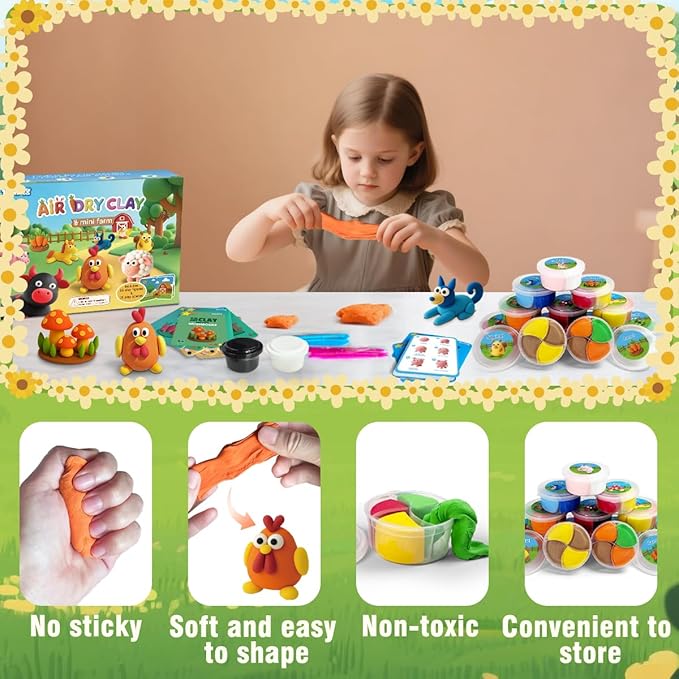 BEIREG Air Dry Clay Farm Adventure Kit for Kids - 15 DIY Farm Animals & Vegetables with Tutorials, Ultra Soft Modeling Magic Clay, Safe Non-Toxic STEM Educational Craft Gift for Boys & Girls Ages 3-12