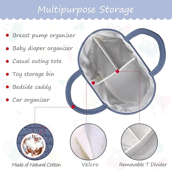 COMSE Large Baby Diaper Caddy Organizer for Girl Boy, Car Caddy with Handles, Cotton Rope Basket for Changing Table, Nursery Organizer, Gift for Baby Shower and Registry Must Have, Folkstone Gray
