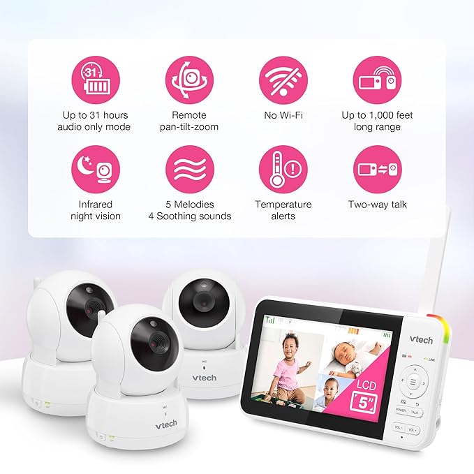 VTech Video Baby Monitor with 3 Cameras, 5" LCD Screen, Up to 17Hrs Video & 31Hrs Audio Battery Life, Night Vision, 1000ft Range, Pan-Tilt-Zoom, Lullabies, Soothing Sounds, Temperature Sensor, VM924-3