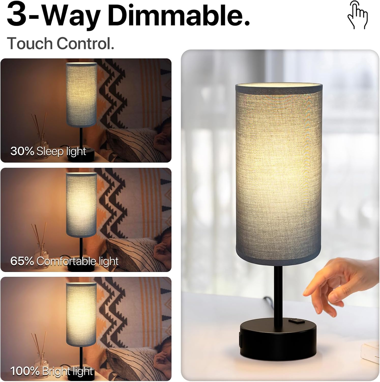 KPQ Small Bedside Lamp Touch Control Table Lamp with USB A+C Charging Ports & AC Outlet 3-Way Dimmable Nightstand Lamp with Linen Fabric Shade for Bedroom Living Room