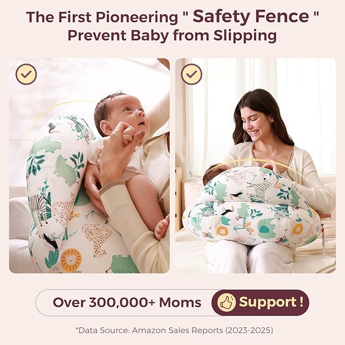 Momcozy Pioneering Safety Fence Nursing Pillow for Breastfeeding- Wider Feeding Pillows for More Support for Mom & Baby- Easier Nursing & Hand Free- Fit for All, Removable Cotton Cover