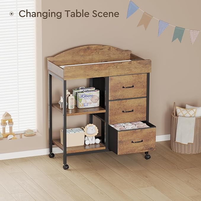 Changing Table Dresser, Baby Dresser with 3 Fabric Drawers and 2 Shelves, Multi-Functional Baby Changing Table with Pad, Classic Nursery Dresser, Diaper Changing Station, Rustic Brown
