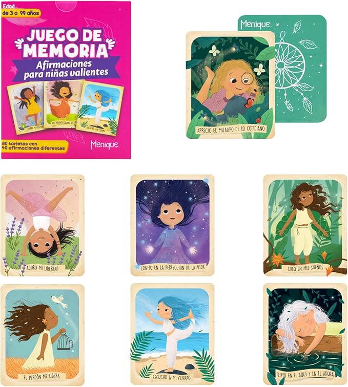 Menique Brilla Memory Matching Game – Spanish Edition – 80 Cards (40 Pairs) with Positive Affirmations for Brave Girls – Mindful Matching Game in Spanish for Confidence and Self-Love