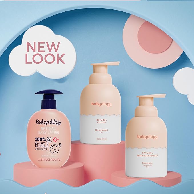 Babyology - 100% Edible Ingredients - All Natural Baby Wash and Shampoo Rose + Organic Baby Lotion SET - 12 FL OZ Good for Sensitive Skin or Eczema - Non Toxic - Fragrance Free (Set of 2)