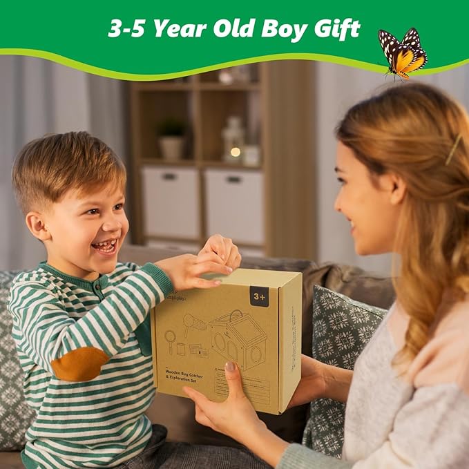 Kids Bug Catching Kit, 6-in-1 Nature Discovery Kit with Breathable Wooden Critter Habitat House, 15 Insert Cards, Magnifying Glass, Butterfly Net, Summer Outside Toys, Gift for Boys & Girls