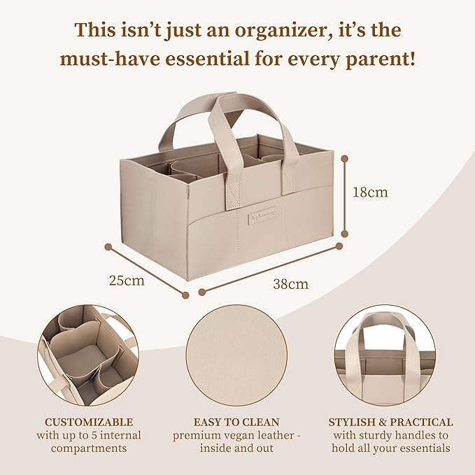 Premium Vegan Leather Baby Diaper Caddy Organizer – Portable Storage Basket for Newborn Essentials, Changing Table, Nursery, Car & Travel, Gifts for Baby Shower (Teddy Beige)