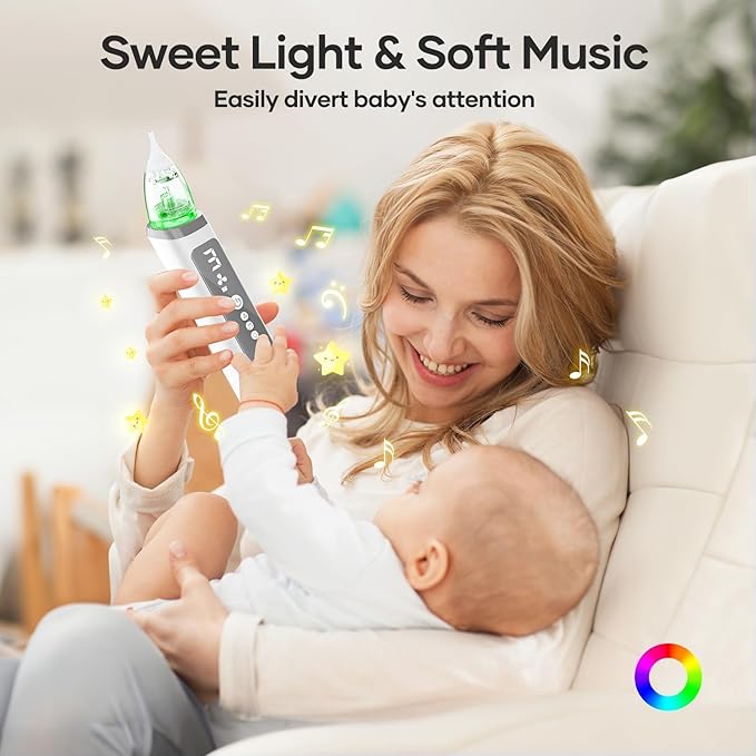 Nasal Aspirator for Baby - Baby Nose Sucker with 3 Suction Levels, Baby Nasal Aspirator, Electric Nose Suction for Baby with 3 Silicone Tips Music and Light, Rechargeable Snot Nose Sucker for Babies