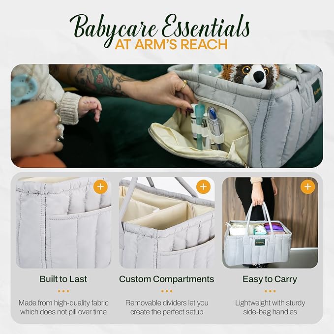 Large Diaper Caddy Organizer with Handle – Baby Basket for Nursery, Car, and Changing Table – Portable Baby Storage with Compartments – Perfect for New Parents and Baby Shower Gifts (Gray)