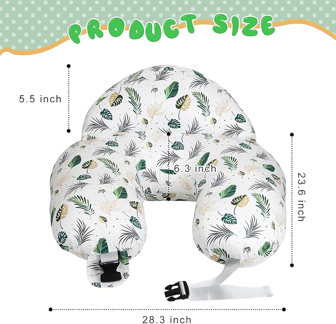 Nursing Pillow for Breastfeeding, Breastfeeding Essentials for Newborn, More Support for Mom and Baby, with Adjustable Waist Strap and Removable Cotton Cover (Green Leaves)