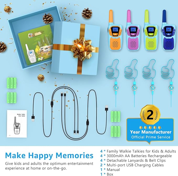 Walkie Talkies for Kids Rechargeable 4 Pack Walkie-Talkies Long Range 4 Miles NOAA FRS 2 Way Radio for Adults Camping Skiing Cruise, Family Adventure Toys for 3-12 Year Old Boys Girls Toddlers