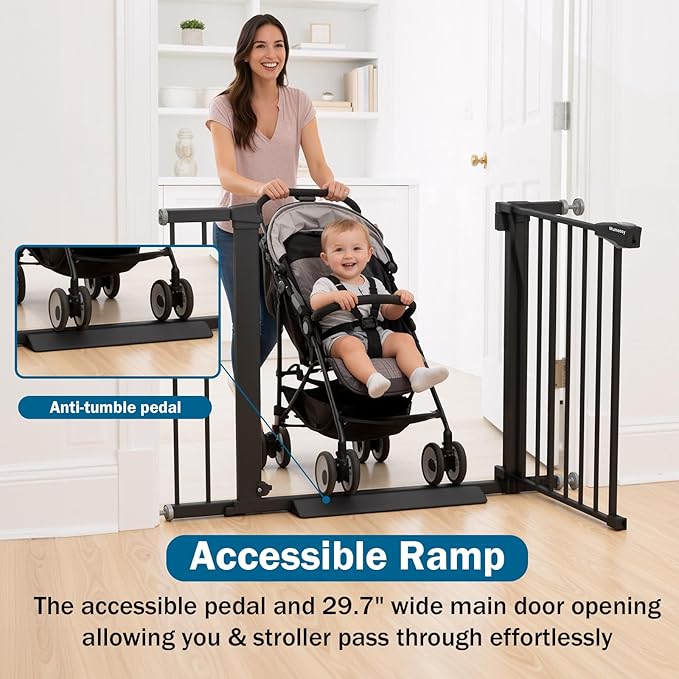 Baby Gate for Stairs, 29.7-40.6" Pressure Mounted Dog Gate, Auto Close Safety Gate for Children & Pets, Easy Install Pet Gate with Walk Thru Door for Doorways & Hallways, No Drilling, Dual-Lock Design