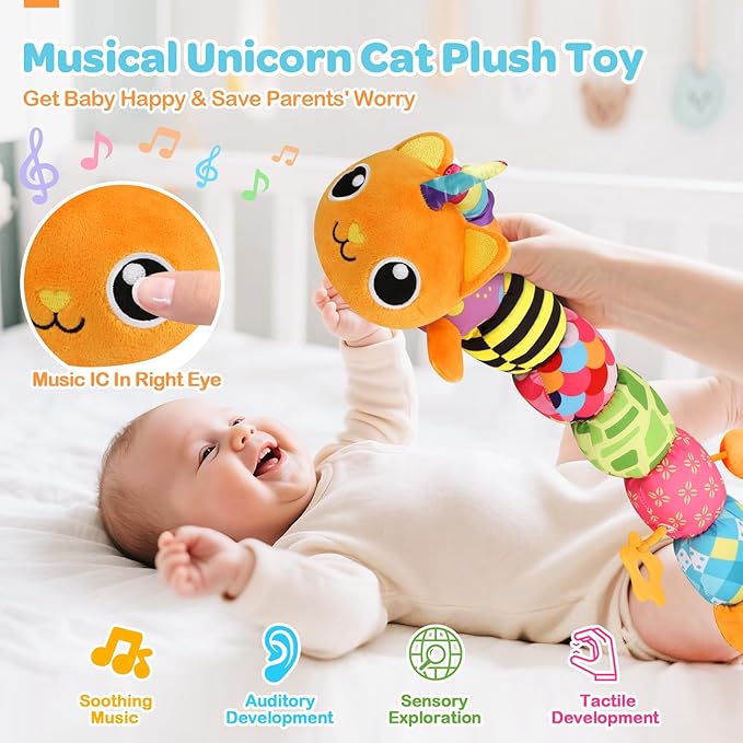 Baby Toys 0-6 6-12 Months, Sensory Musical Animal Stuffed Toy for Infant 0-3 3-6 Months, Tummy Time Toys with Mirror Crinkle Rattle, Plush Unicorn Cat Toy Gifts for 0 1 2 3 4 5 6+ Months Boys Girls