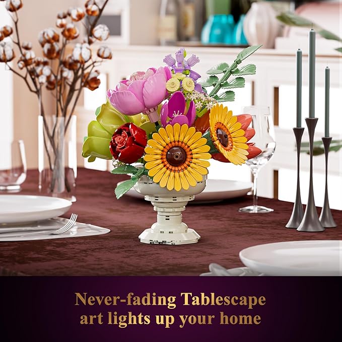 JAKI Artificial Flowers Arrangement Building Sets, 9.8in Botanicals Bouquet Building Kits with Unique Display Stand, for Home Decor, Wedding, Birthday Gift for Adults Girls 18+