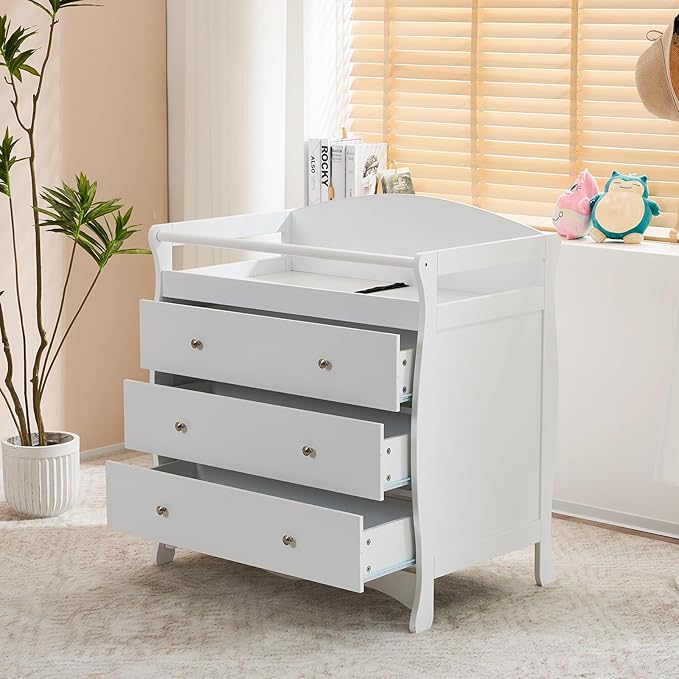 Karl home Changing Table Dresser Baby Diaper Changing Station Infant Nursing Table with 3 Drawers, Safety Rail & Strap for Bedroom, Nursery, White