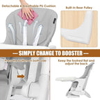 INFANS High Chair for Babies & Toddlers, Foldable Highchair with Multiple Adjustable Backrest Footrest Seat Height, Removable Tray, Detachable PU Leather Cushion Wheels (with Booster, Light Grey)