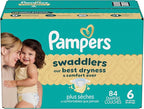 Pampers Swaddlers Diapers, Size 6 (23-44 lbs), 84 Count, Absorbent, Keeps Baby Dry and Comfortable, Skin Safe Disposable Baby Diaper (Packaging May Vary)