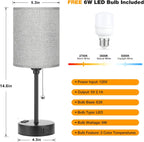 Grey Nightstand Lamps 3 Color Temperatures - 2700K 3500K 5000K Bedside Lamps with USB C and A Ports, Pull Chain Table Lamps with AC Outlet, Small Lamps with Black Metal Base for Sleeping Reading