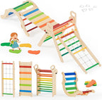 BlueWood 10-in-1 Pikler Triangle Set, Toddler Climbing Toys Indoor, Montessori Climber, Baby Jungle Gyms with Arch, Extra Rope Ladder & Footprint Balance Beam - Neon Aurora