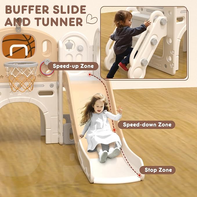 YUFU 9 in 1 Toddler Slide Set, Kids Slide for Toddlers Age 1-3, Toddler Playset with Basketball Hoop and Ball, Outdoor Indoor Playground for Toddlers 1-3 (Beige+Coffee)