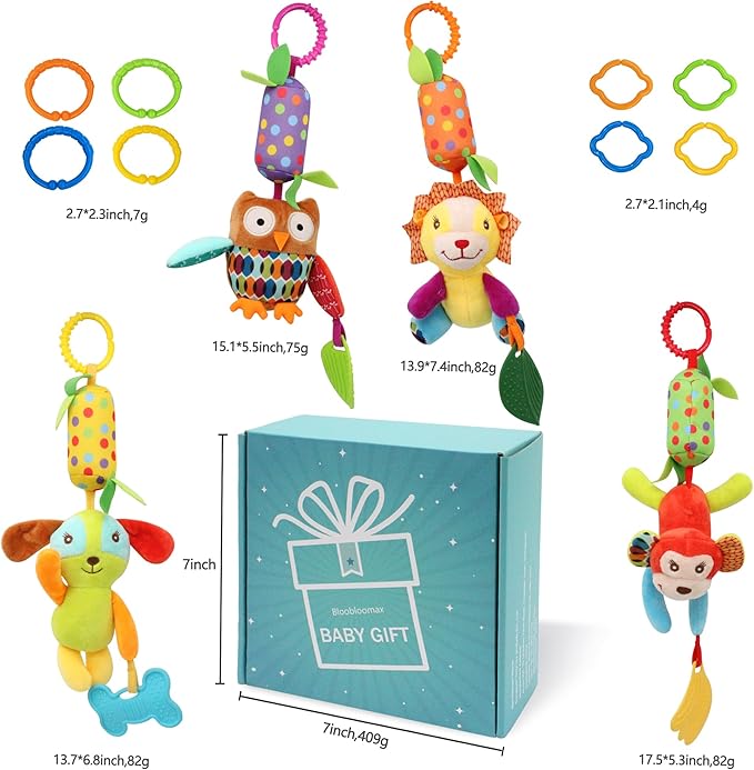 Bloobloomax Baby Soft Hanging Rattle, Car Seat Stroller Toys with Plush Animal C-Clip Ring for Infant Babies Boys and Girls 3 6 9 to 12 Months (12PCS-A)