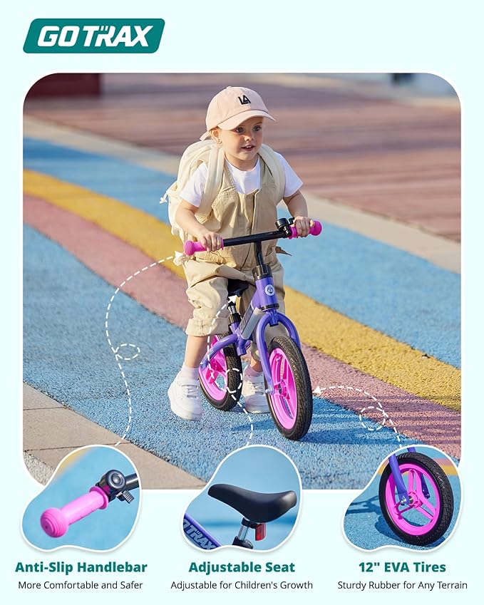 Gotrax KS12 Balance Bike for 2-5 Years Old, 12" Toddlers Bike with LED Light&Bell, Adjustable Soft Seat&Handlebar, Flat-Free Tires&Easy Assembly, Lightweight&No Pedal, Kids Toy Gift for Boys Girls