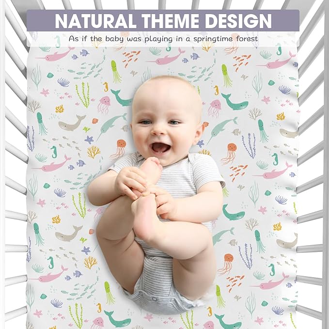 Bimocosy Crib Sheets for Boys Girls, Fitted Crib Sheet 4 Pack for Standard Crib and Toddler Mattresses, Super Soft Breathable Microfiber Baby Sheet 28x52x8in, Ocean World/Milky Green/Seashell/Blue