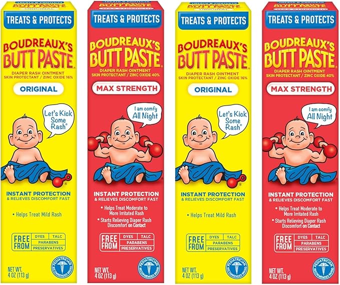 Boudreaux's Butt Paste Diaper Rash Ointment, (Original, & Maximum Strength) (2ea / 4oz) (Variety Pack)