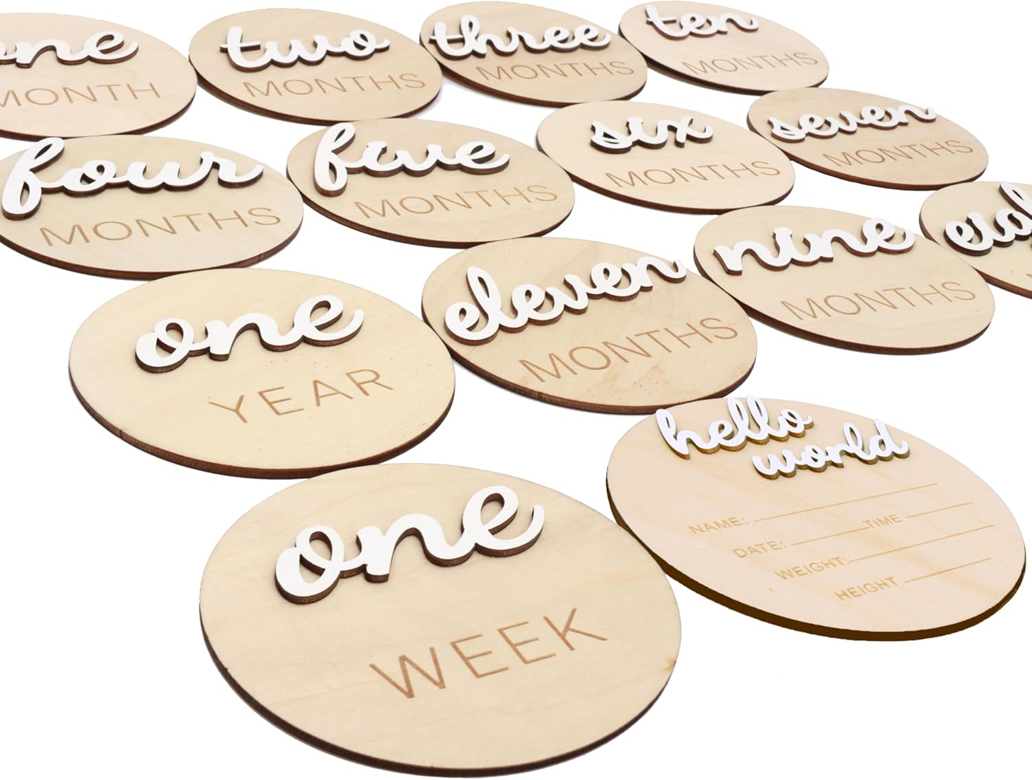 3D Wooden Monthly Milestone Cards, Baby Monthly Milestone Marker Cards, Newborn Memento Milestone to Document Baby's Growth, Pregnancy Journey Sign -incl Announcement & Hello World Sign.