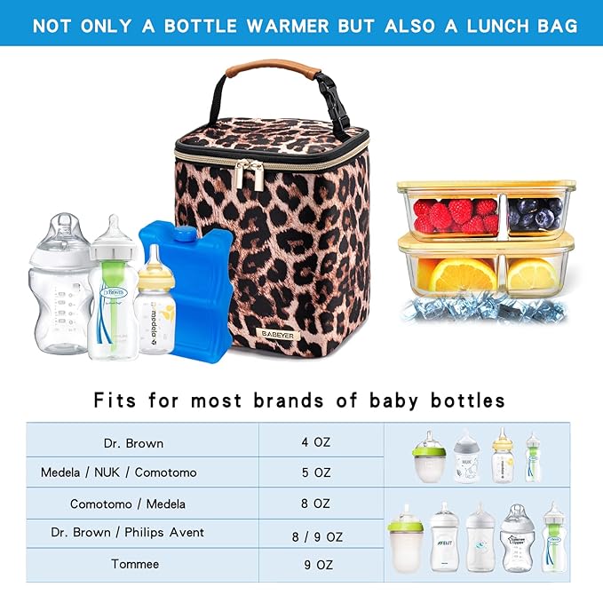 BreastMilk Cooler Bag with Ice Pack Fits 4 Baby Bottles Up to 9 Ounce, Baby Bottle Bag for Nursing Mom Daycare-Leopard Print