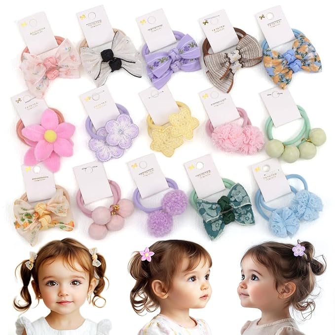 Baby Hair Ties with Bows for Toddler - 1.2 Inch Elastic Ponytail Holders Small Hair Ties For Baby Girls Infants Hair Accessories 30 Pieces