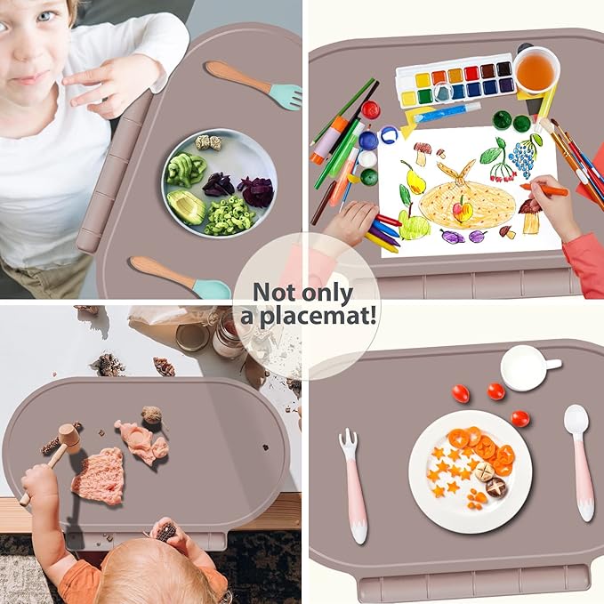 Silicone Placemat for Baby, Silicone Baby Toddlers Non-Slip Tablemats Stain Resistant Anti-Skid Reusable Dishwasher Safe Table Mats, Portable Food Mat Travel, Gray