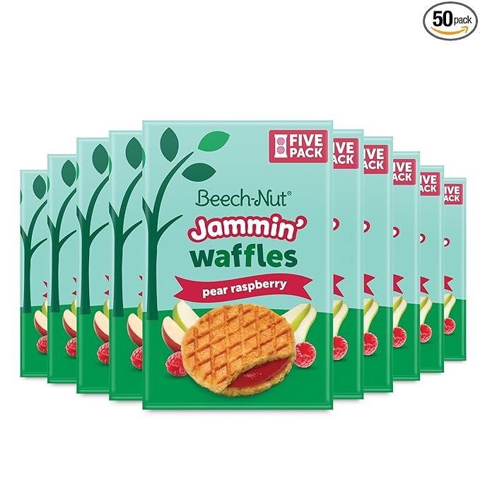 Beech-Nut Toddler Snacks Jammin' Waffles with Fruit Filling for Babies & Toddlers, Pear Raspberry, 10 Boxes (50 Individually Wrapped Packs)