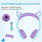 Olyre Kids Headphones with MIC for School, 85dB Safe Volume Limited Light Up Cat Ear Headphones,Wired Cord On-Ear Headset for Children/Boys/Girls/Travel-Green/Purple