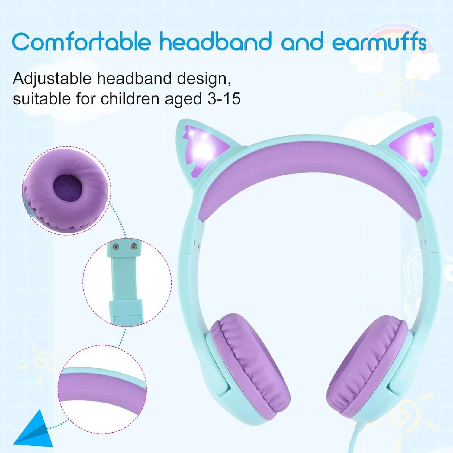 Olyre Kids Headphones with MIC for School, 85dB Safe Volume Limited Light Up Cat Ear Headphones,Wired Cord On-Ear Headset for Children/Boys/Girls/Travel-Green/Purple