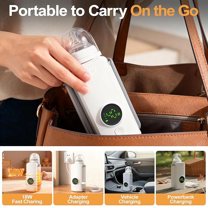 Portable Bottle Warmer, Equipped with a 6000 mAh Battery, Suitable for Dreastfeeding and Formula Feeding, Suitable for Travel Bottle Warmer, with a Digital Display
