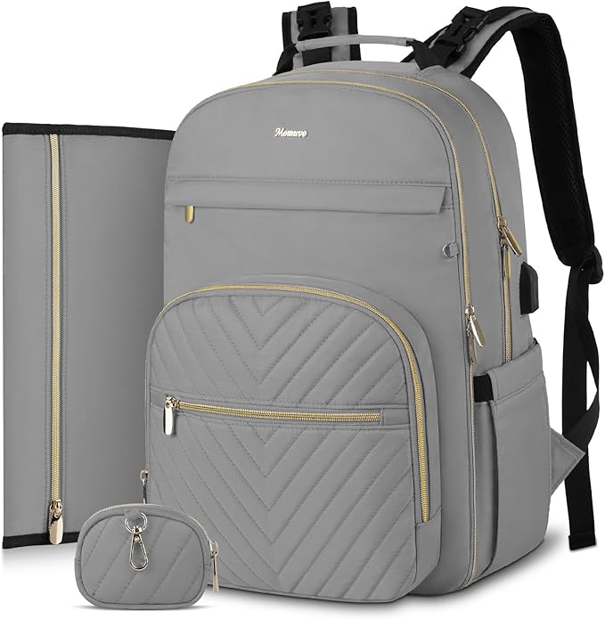 MOMUVO Diaper Bag Backpack, Quilted Baby Bag with Changing Pad and Stroller Straps and Pacifier Case, Large Travel Diaper Bags for Mom Dad, Grey