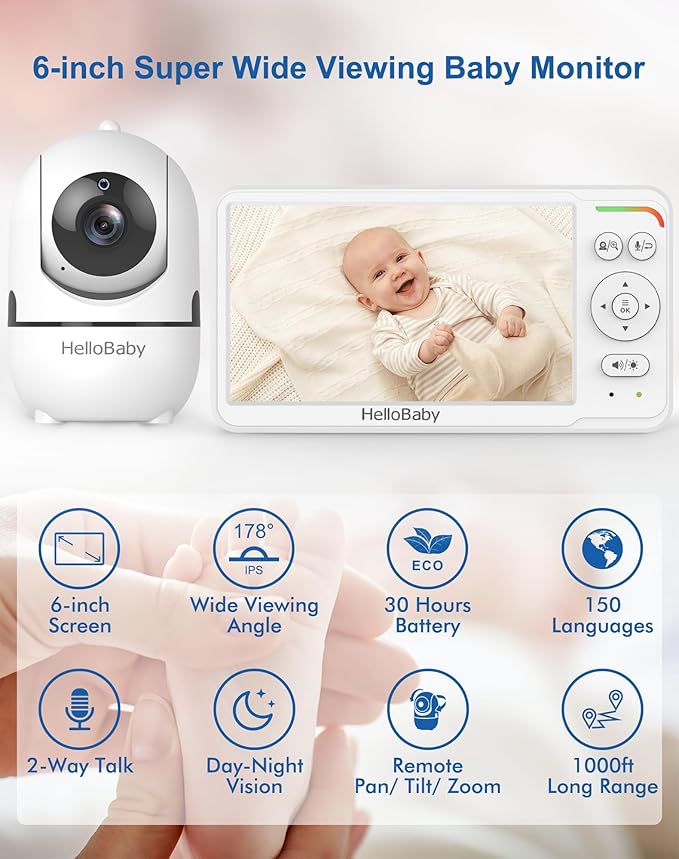 HelloBaby Baby Monitor with 2 Cameras, World First 6" IPS Split Screen, Display and Double Cameras, No WiFi, 30H Battery, 2-Way Audio, Pan-Tilt-Zoom, VOX Mode, Night Vision, 8 Lullabies, 1000ft Range
