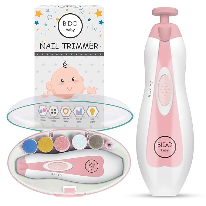 BİDO Baby Nail Trimmer File Electric-Safe Baby Nail Clippers,Manicure Kit for Newborn Toddler and Kids,12 Grinding Heads and LED Light, Pink or Blue (Pink)