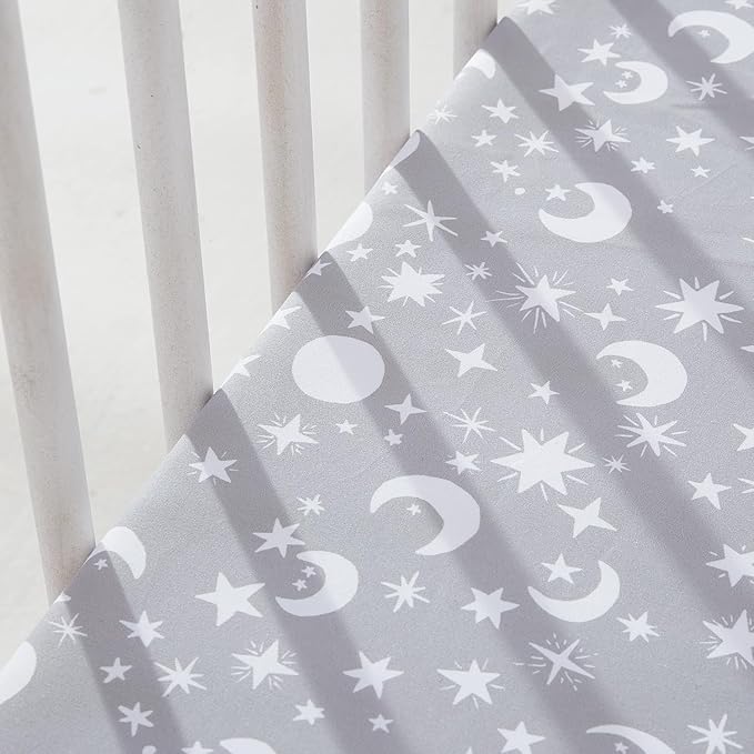 Bimocosy Baby Crib Sheets for Boys, Fitted Crib Sheet 4 Pack for Standard Crib and Toddler Mattresses, Super Soft Breathable Microfiber Baby Sheet 28x52x8in, Stars/Woodland Animals/Grey/Green