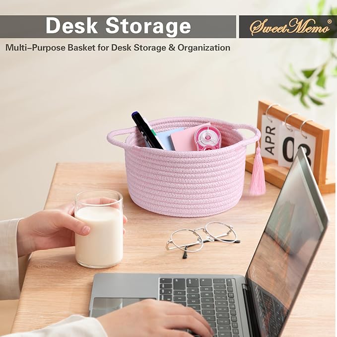 Small Cute Empty Gift Basket Little Woven Rope Organizer Baskets for Baby Shower Gifting, Makeup Brushes Holder, Bathroom- Decorative Vanity Storage Bins - 2 Pack, Pre-Shaped, Pastel Pink