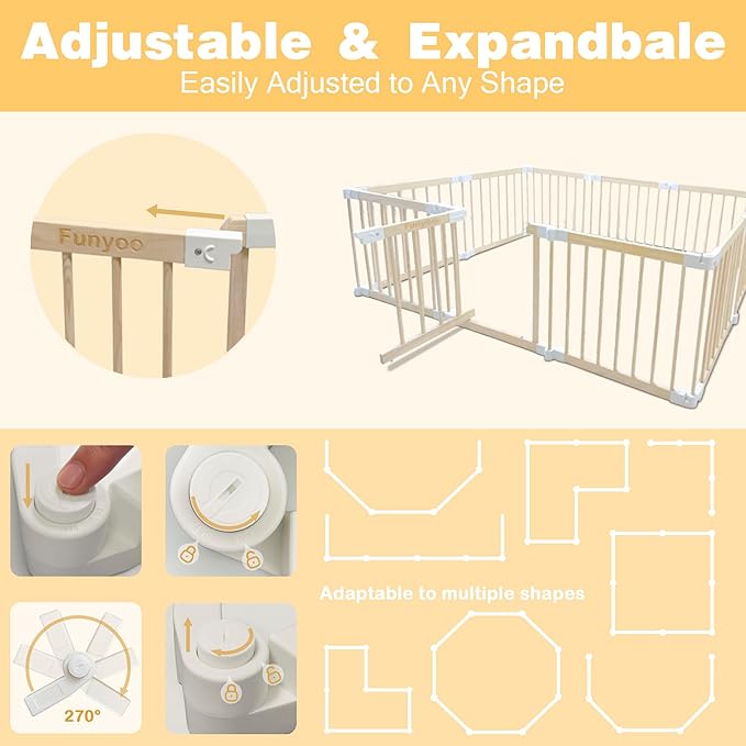 Foldable Wooden Playpen for Babies and Toddlers, Baby Play Pen with Gate, Portable Baby Fence Indoor Activity Center, Adjustable Size & Shape, 10 Panels