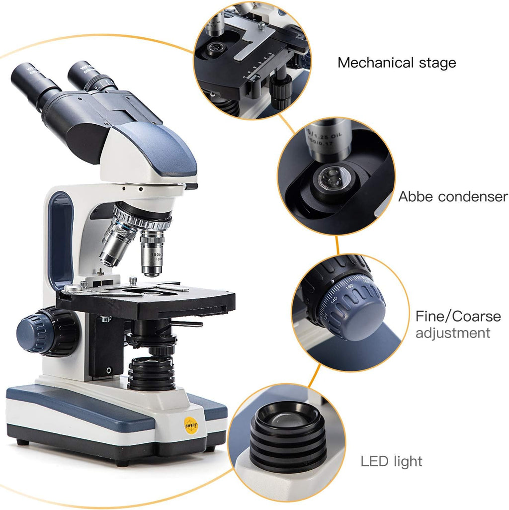 Swift Binocular Compound Microscope SW350B, 40X-2500X Magnification,Siedentopf Head,Research-Grade,Two-Layer Mechanical Stage,1.3mp Camera and Software Windows and Mac Compatible