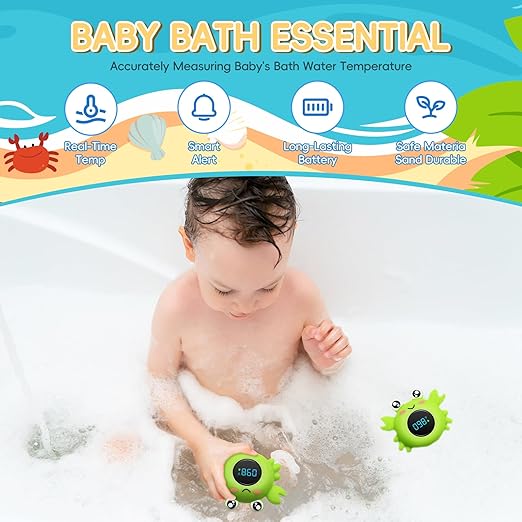 b&h Baby Bath Thermometer with LED Display, Newborn Water Temp Thermometer, Safety Water Sensor for Infants, Color-Coded Alerts, Tub Temperature Monitor, Cute Floating Bath Toy, Crab (Pink)
